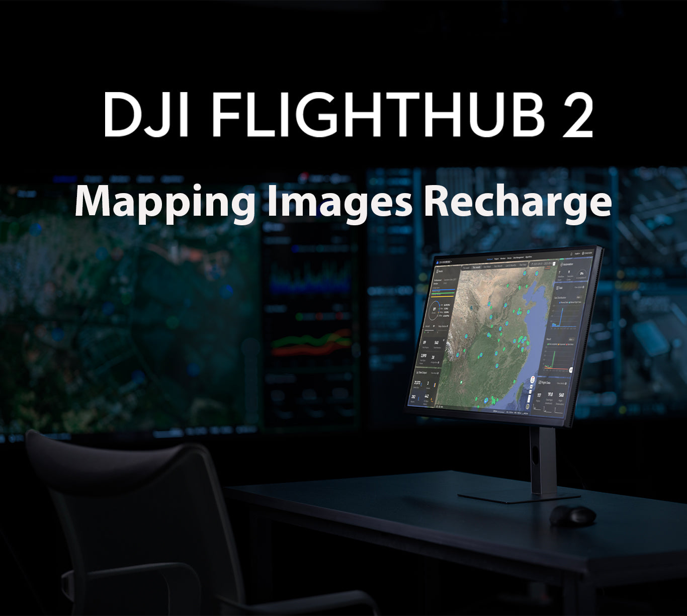 DJI Flighthub 2 setup with a monitor displaying mapping images in a dark room.