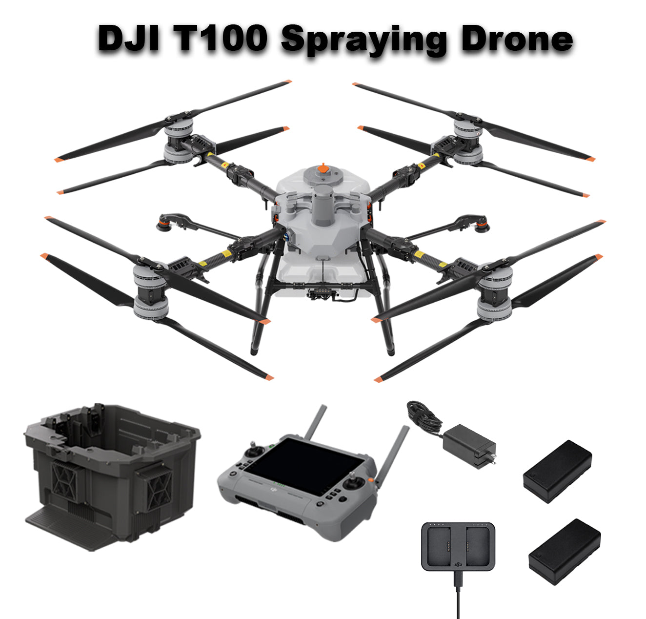 DJI Agras T100 agricultural spraying drone with spray tank and accessories