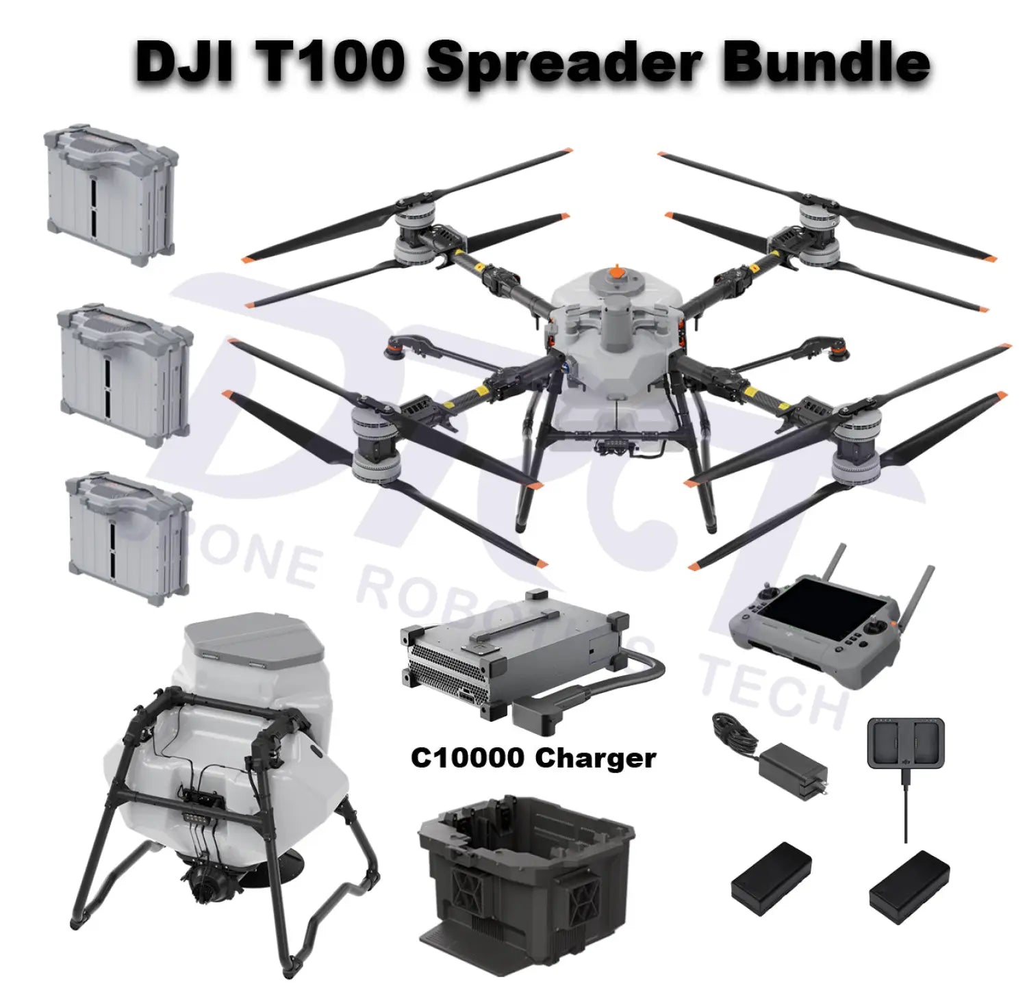DJI Agras T100 Spreader System Bundle with C12000 Charger, batteries, remote controller, and accessories