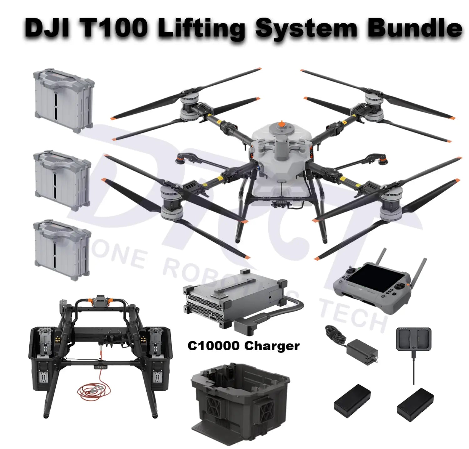 DJI Agras T100 Lifting System Bundle with C10000 Charger, batteries, remote controller, and accessories