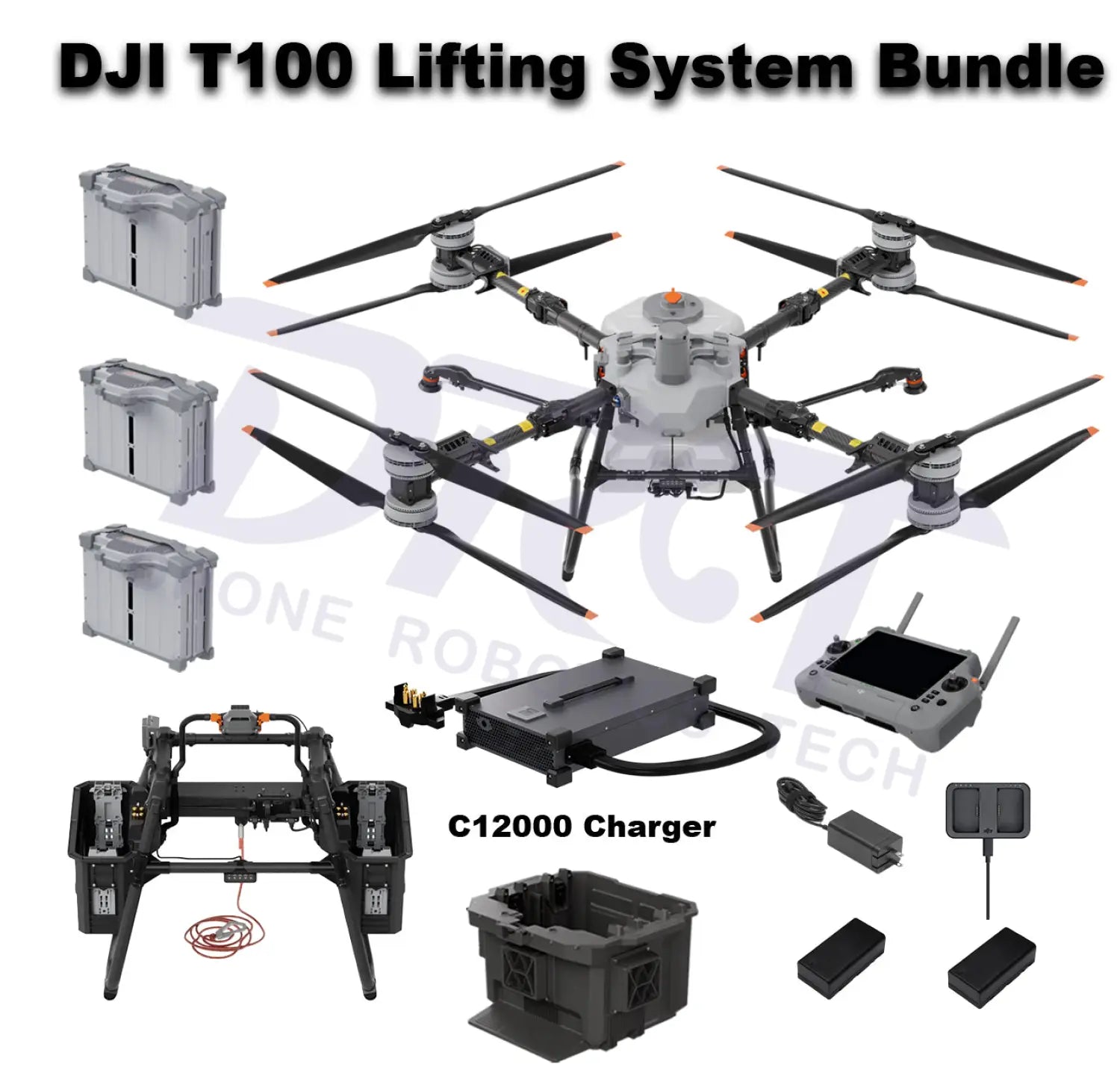 DJI Agras T100 Lifting System Bundle with C12000 Charger, batteries, remote controller, and accessories