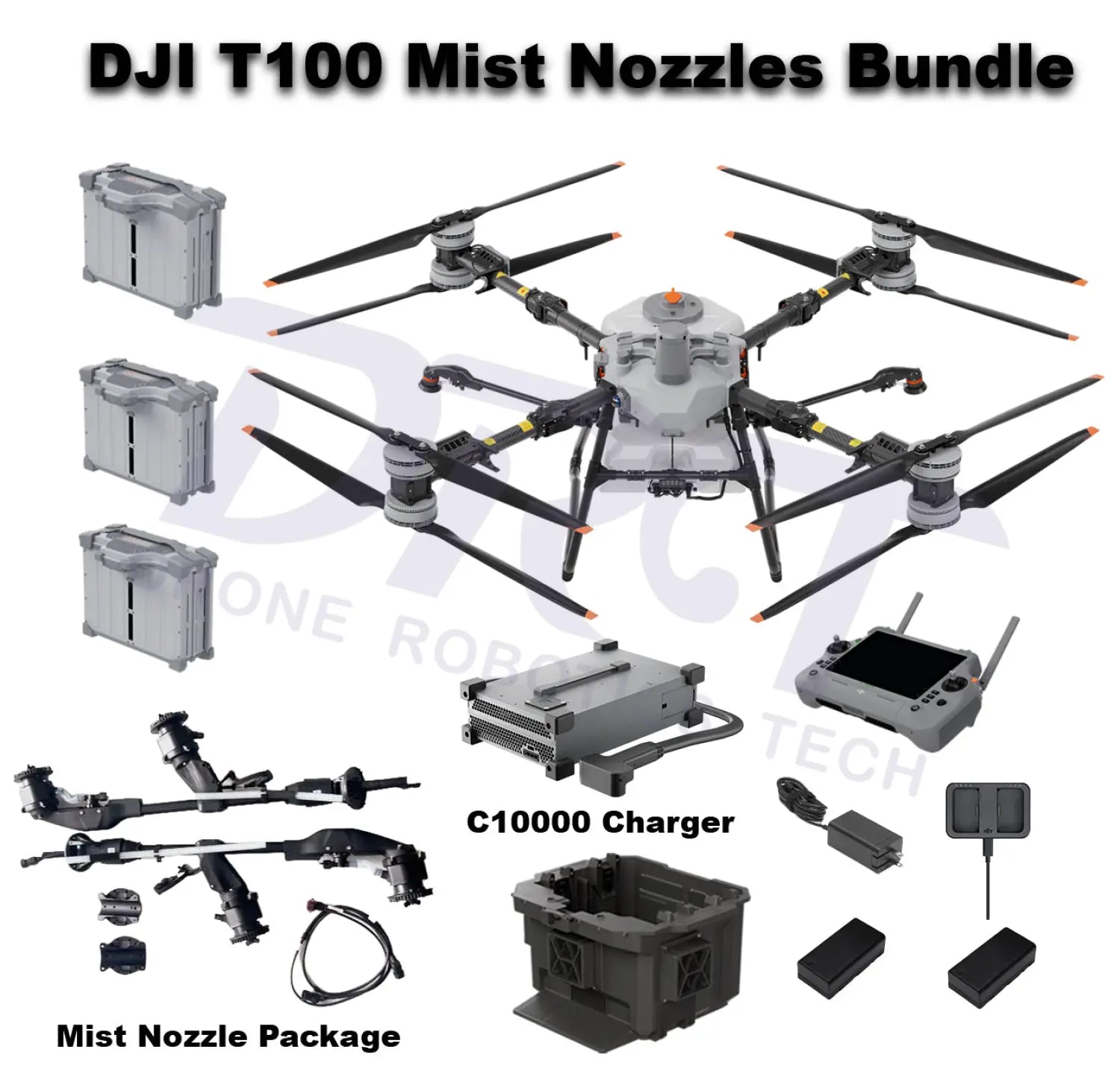 DJI Agras T100 Mist Nozzles Bundle with C10000 Charger, batteries, remote controller, and accessories