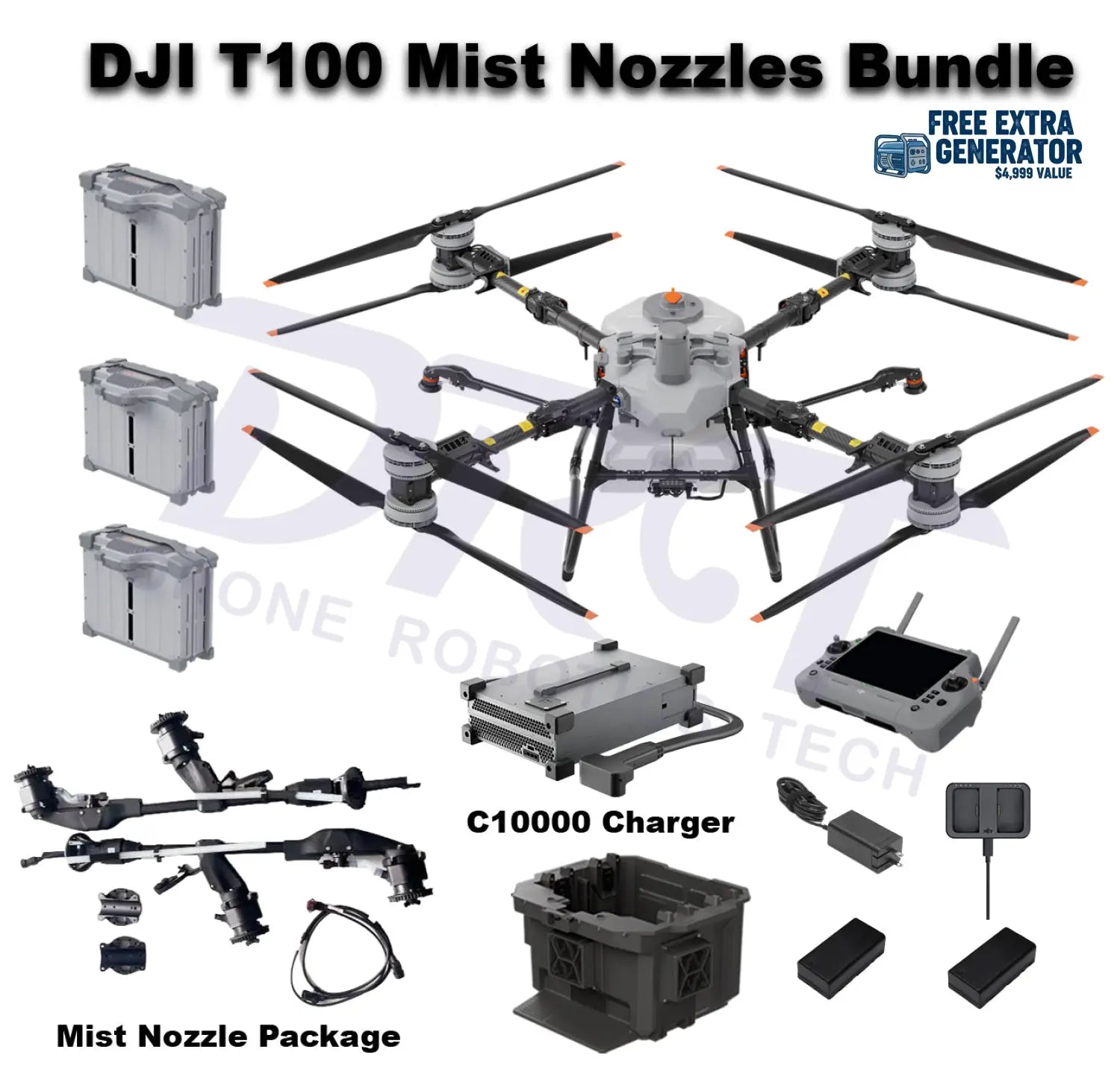 DJI Agras T100 Mist Nozzles Bundle with C10000 Charger, batteries, remote controller, and accessories