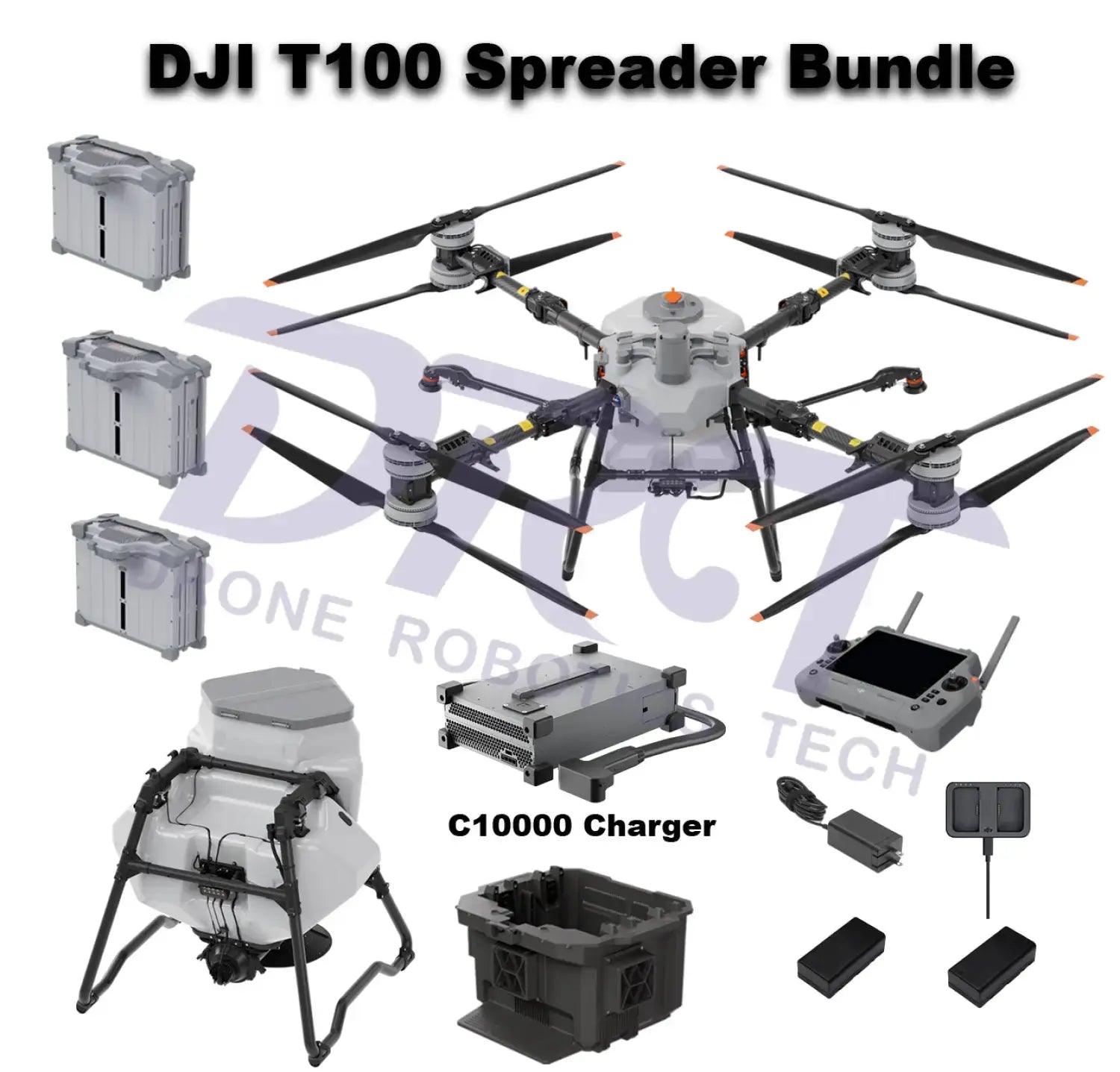 DJI Agras T100 Spreader System Bundle with C12000 Charger, batteries, remote controller, and accessories