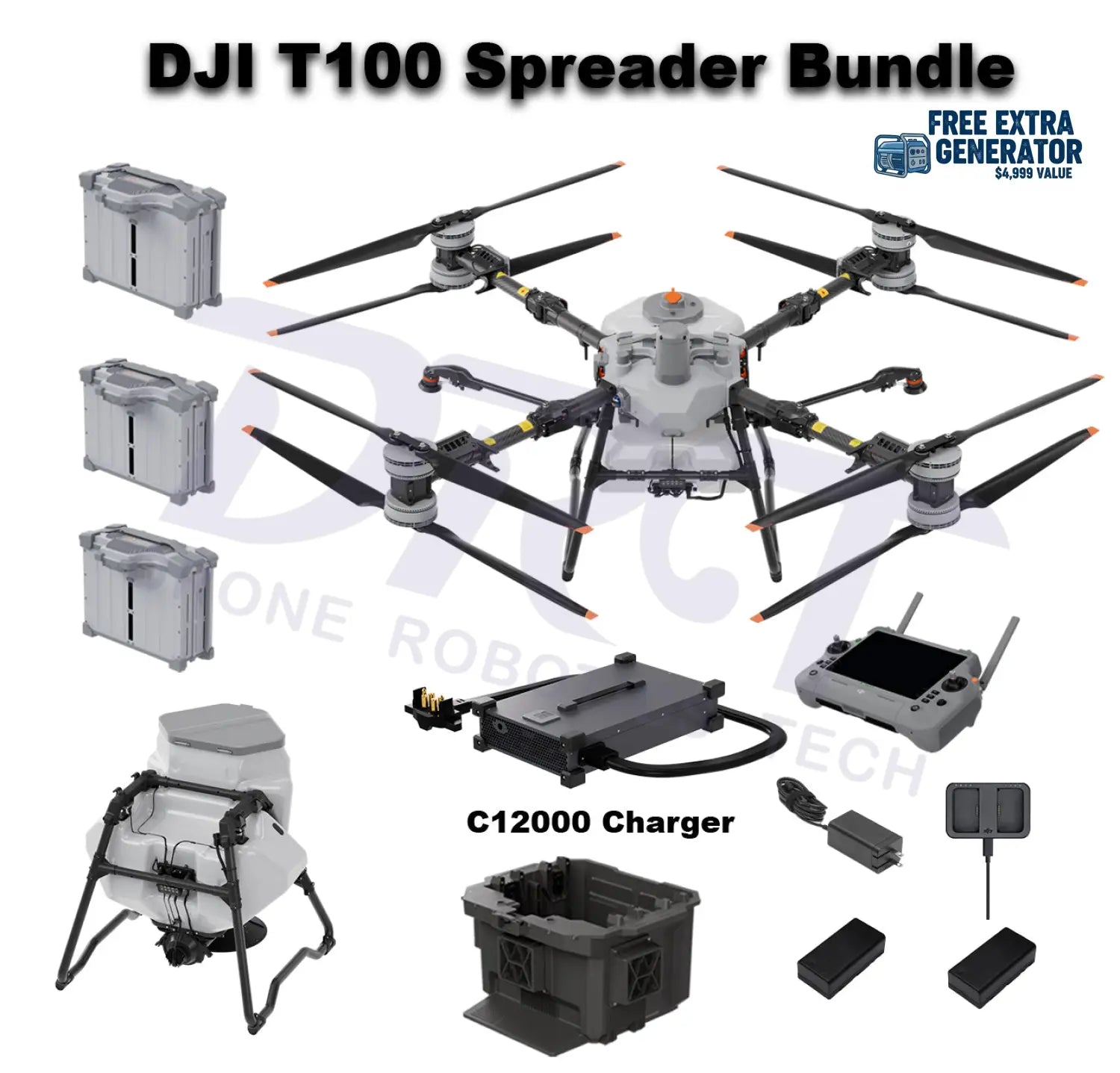 DJI T100 Spreader Bundle with drone, charger, and accessories on a white background