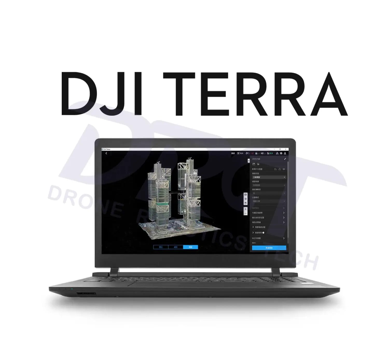 Laptop displaying DJI Terra software with 3D model on screen
