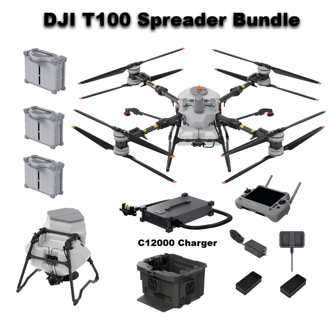 DJI T100 Spreader Bundle with drone, charger, and accessories on a white background