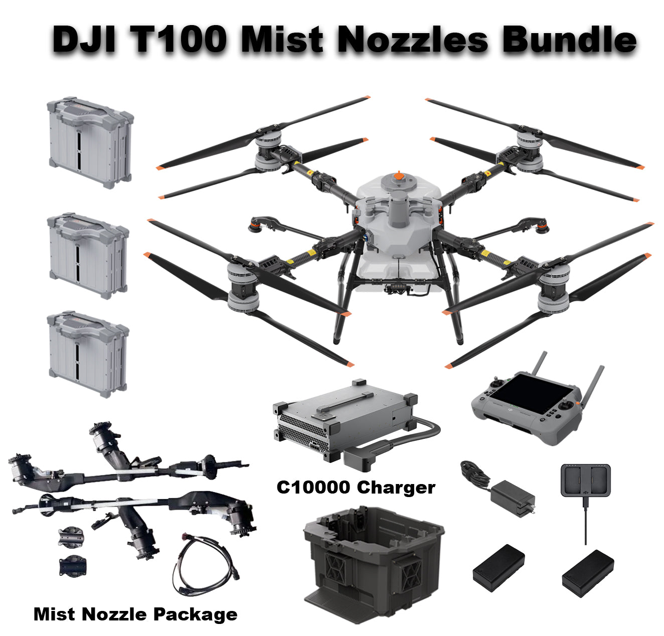 DJI Agras T100 Mist Nozzles Bundle with C10000 Charger, batteries, remote controller, and accessories