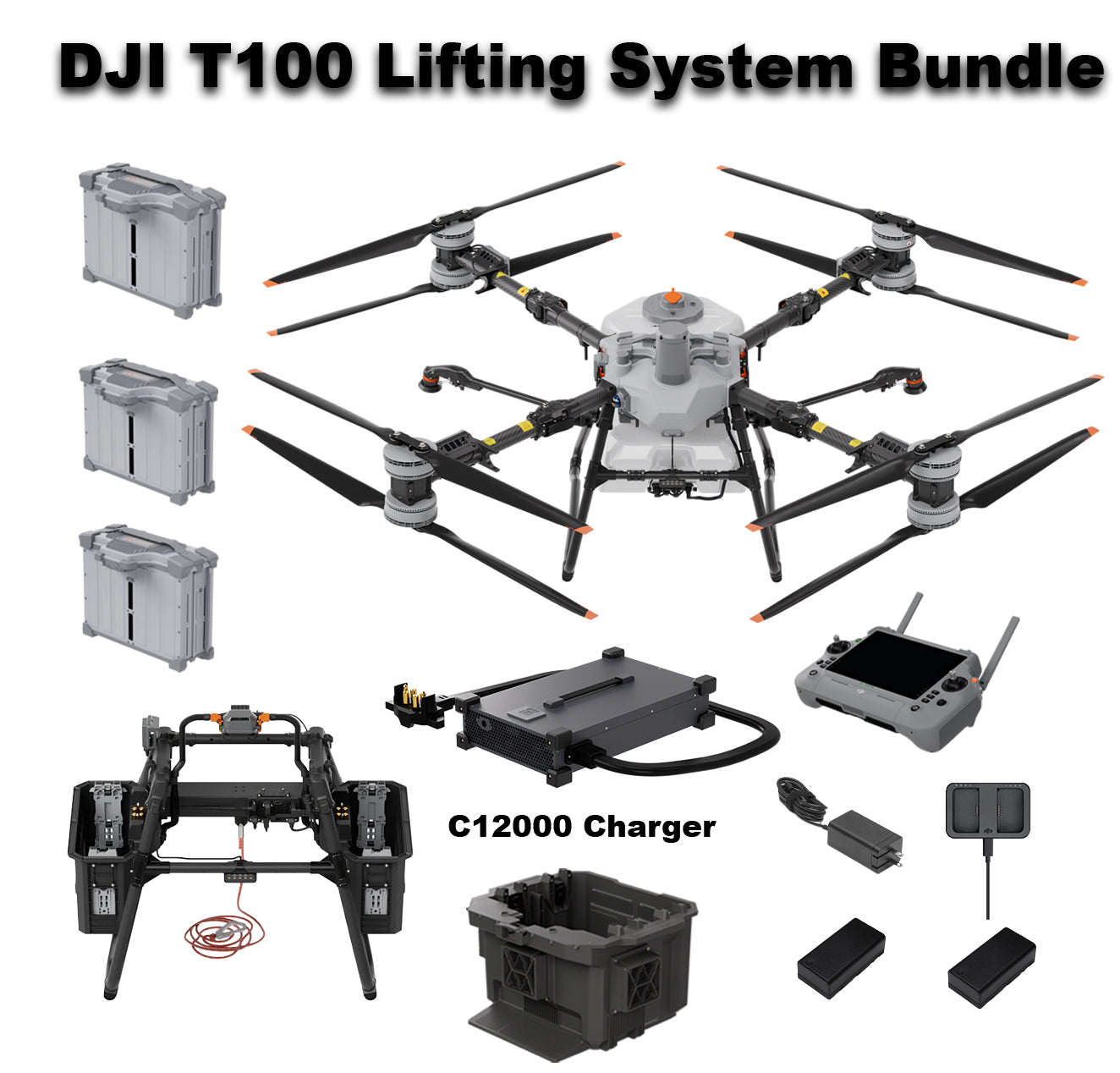 DJI Agras T100 Lifting System Bundle with C12000 Charger, batteries, remote controller, and accessories