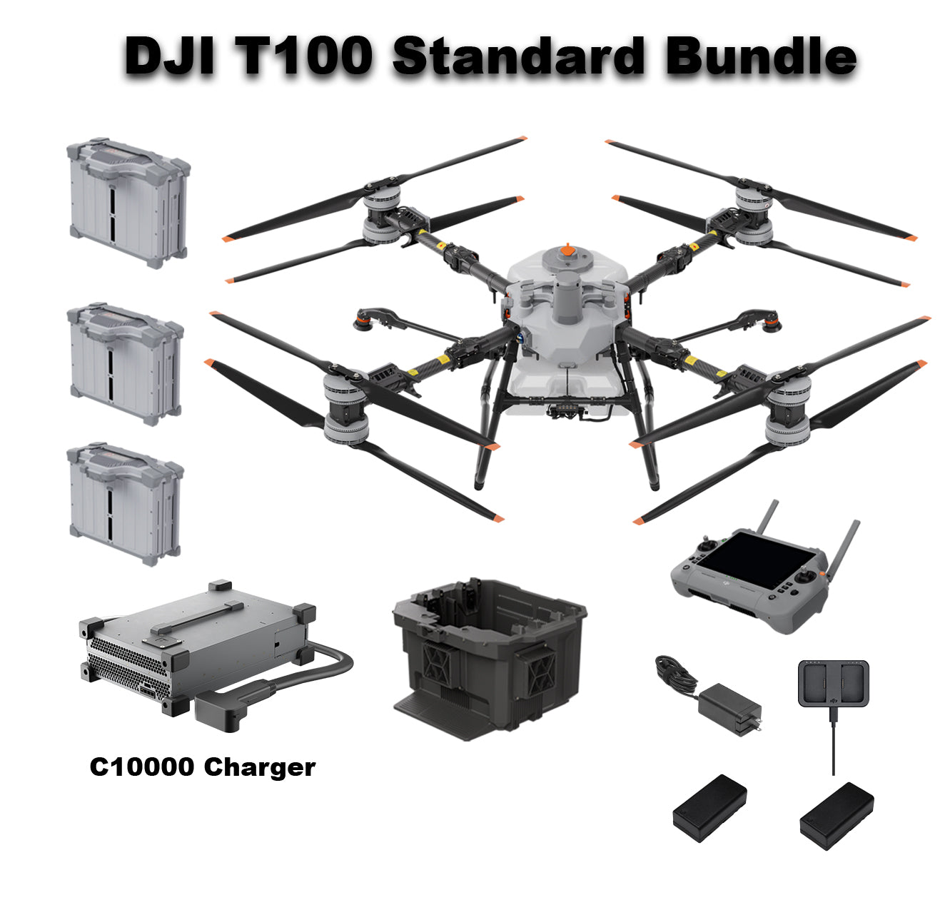 DJI Agras T100 Standard Bundle with C10000 Charger extra free T100 DB2160 Battery, Single-Battery Cooling Station, batteries, remote controller, and accessories