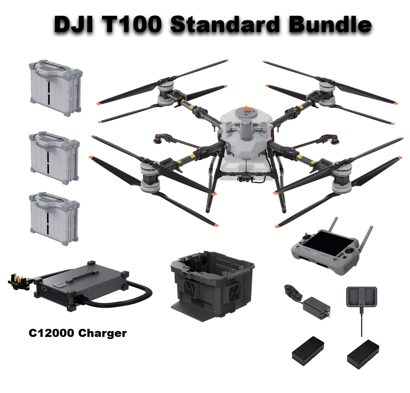 DJI Agras T100 Standard Bundle with C12000 Charger extra free T100 DB2160 Battery, Single-Battery Cooling Station, batteries, remote controller, and accessories