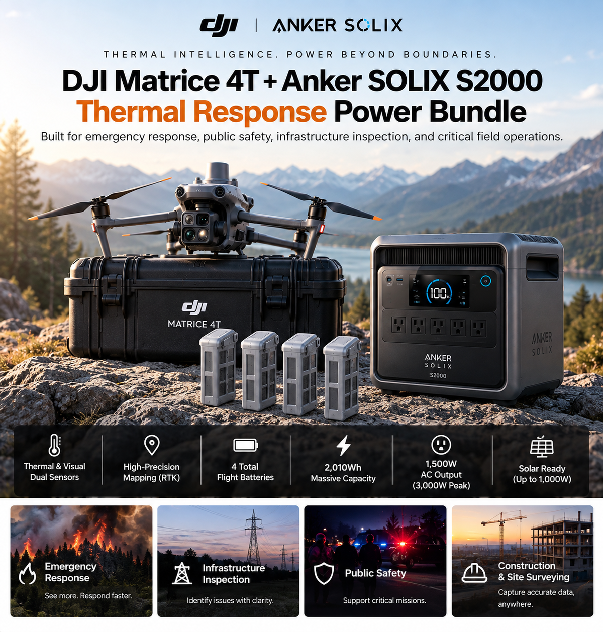DJI Matrice 4T Thermal Response Power Bundle – 3 Extra Batteries + Anker SOLIX S2000