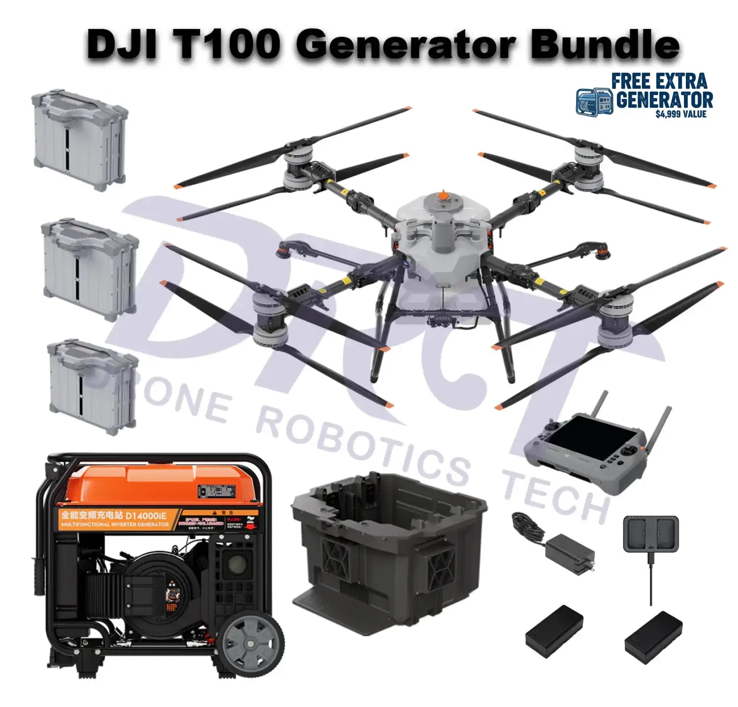 DJI Agras T100 Generator Bundle with free extra D14000iE generator, batteries, remote controller, and accessories