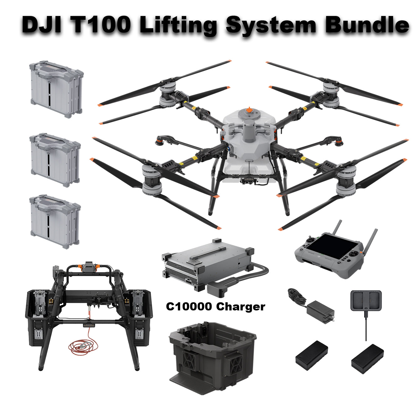 DJI Agras T100 Lifting System Bundle with C10000 Charger, batteries, remote controller, and accessories