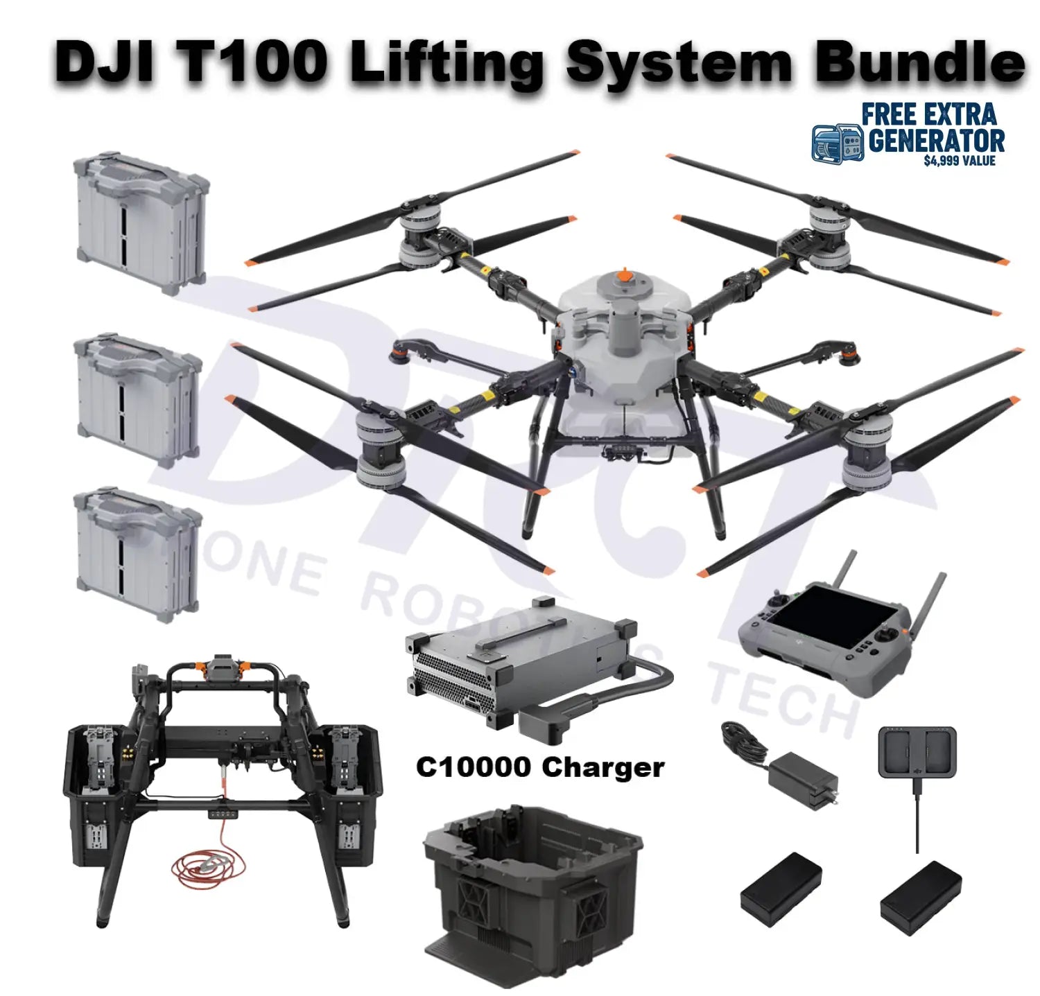 DJI Agras T100 Lifting System Bundle with C10000 Charger, batteries, remote controller, and accessories