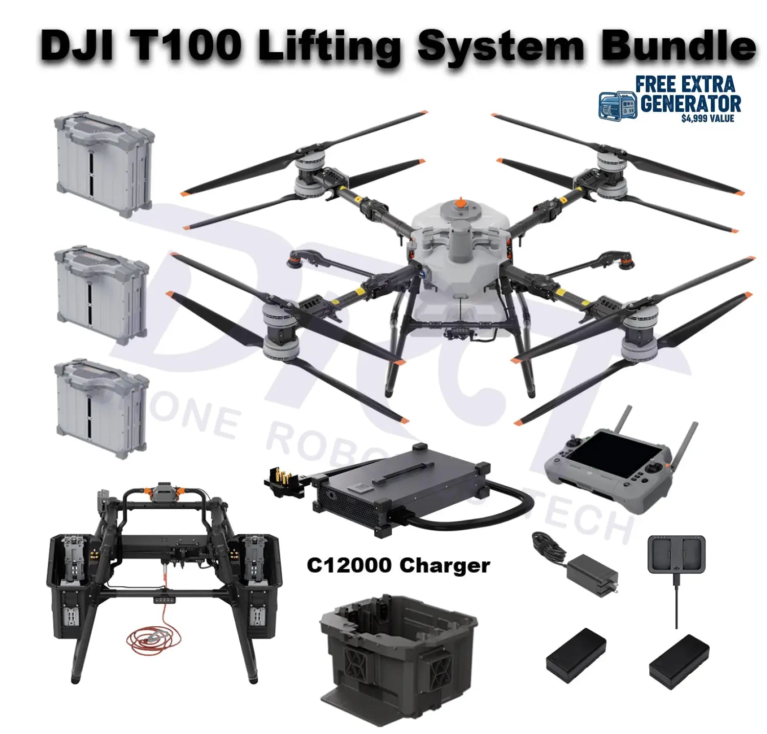 DJI Agras T100 Lifting System Bundle with C12000 Charger, batteries, remote controller, and accessories