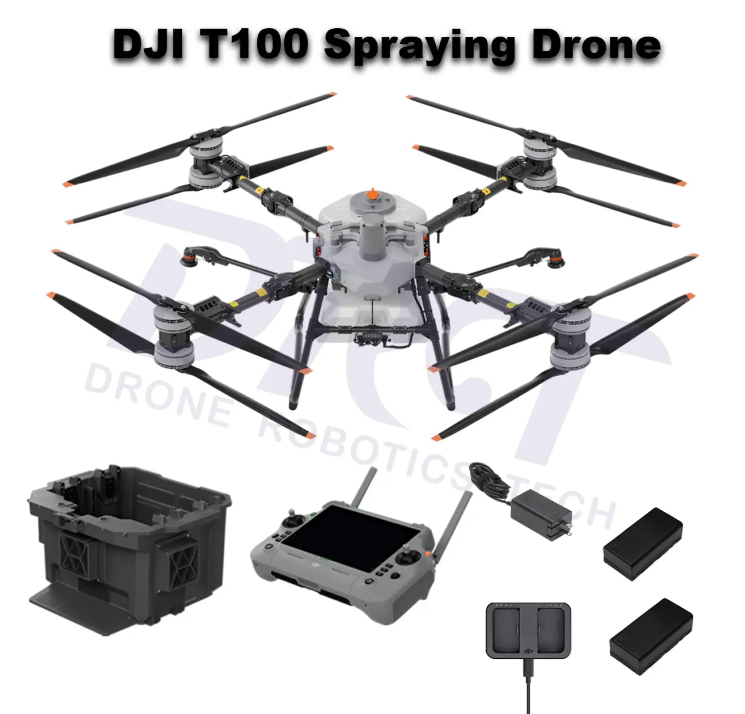 DJI Agras T100 agricultural spraying drone with spray tank and accessories
