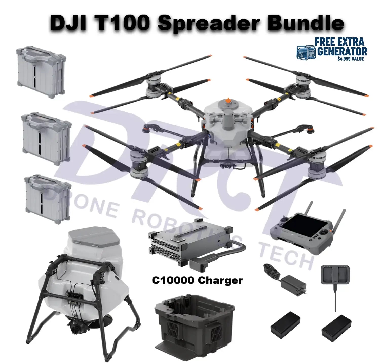 DJI Agras T100 Spreader System Bundle with C12000 Charger, batteries, remote controller, and accessories