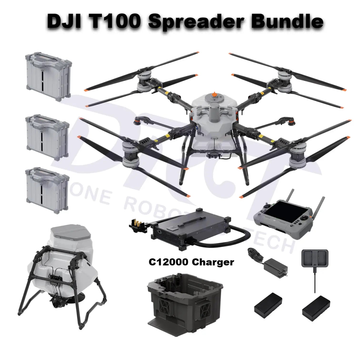 DJI T100 Spreader Bundle with drone, charger, and accessories on a white background