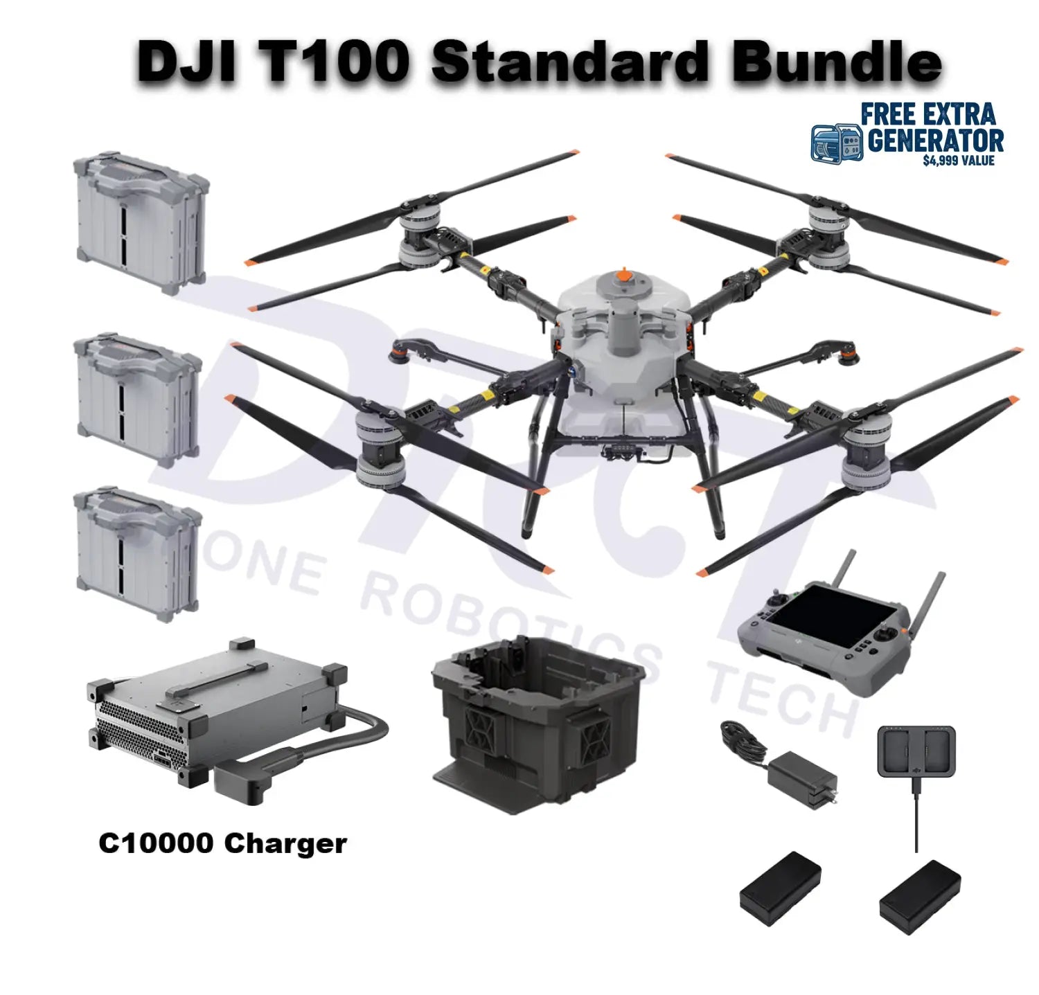 DJI Agras T100 Standard Bundle with C10000 Charger extra free T100 DB2160 Battery, Single-Battery Cooling Station, batteries, remote controller, and accessories