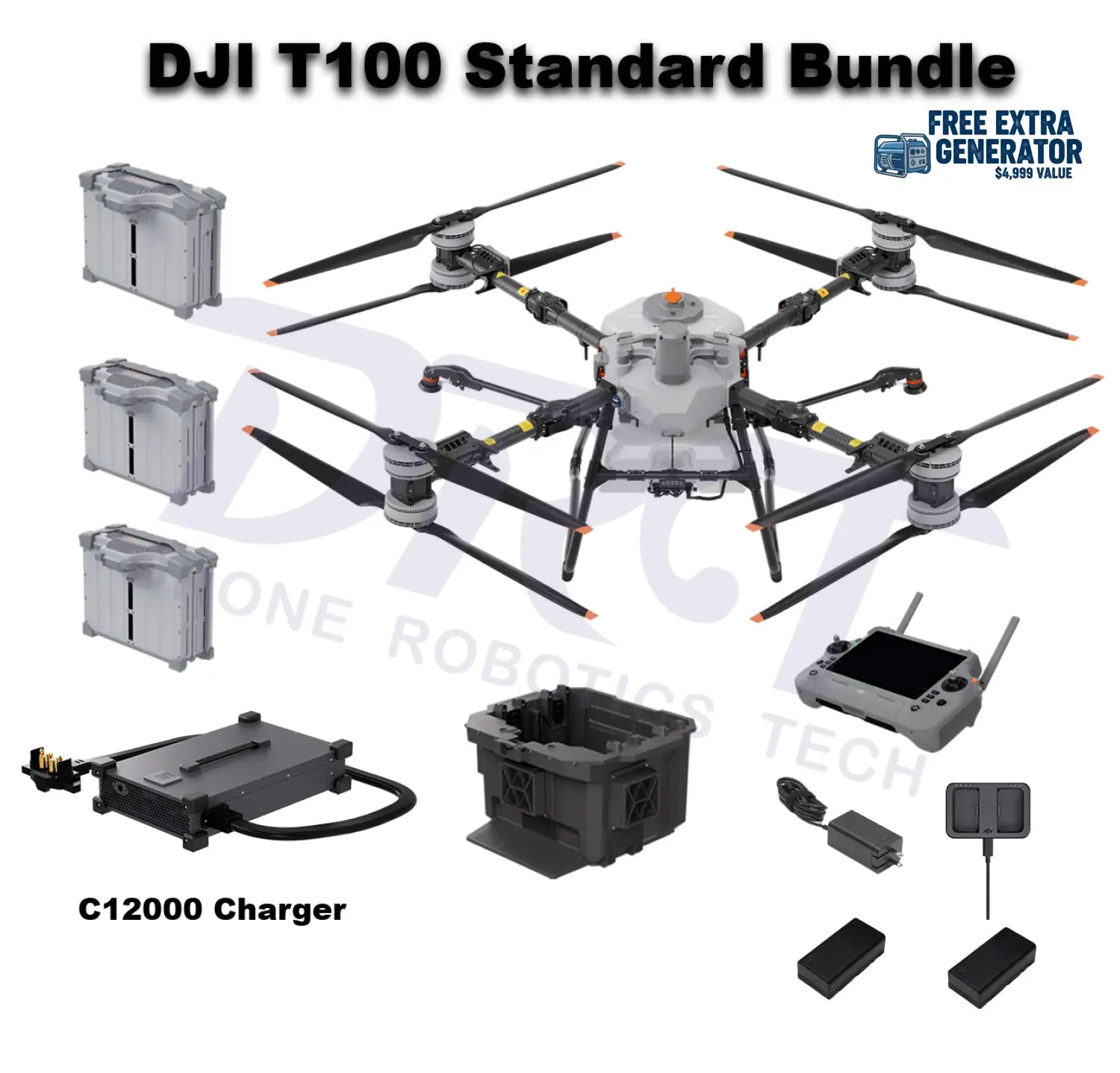 DJI Agras T100 Standard Bundle with C12000 Charger extra free T100 DB2160 Battery, Single-Battery Cooling Station, batteries, remote controller, and accessories