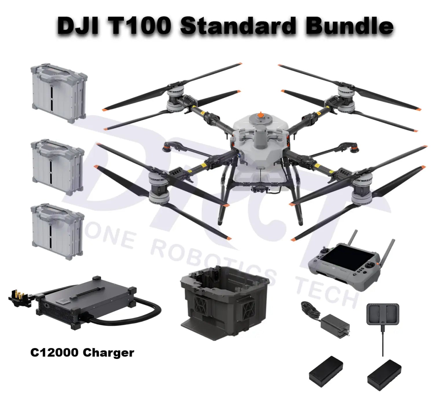 DJI Agras T100 Standard Bundle with C12000 Charger extra free T100 DB2160 Battery, Single-Battery Cooling Station, batteries, remote controller, and accessories
