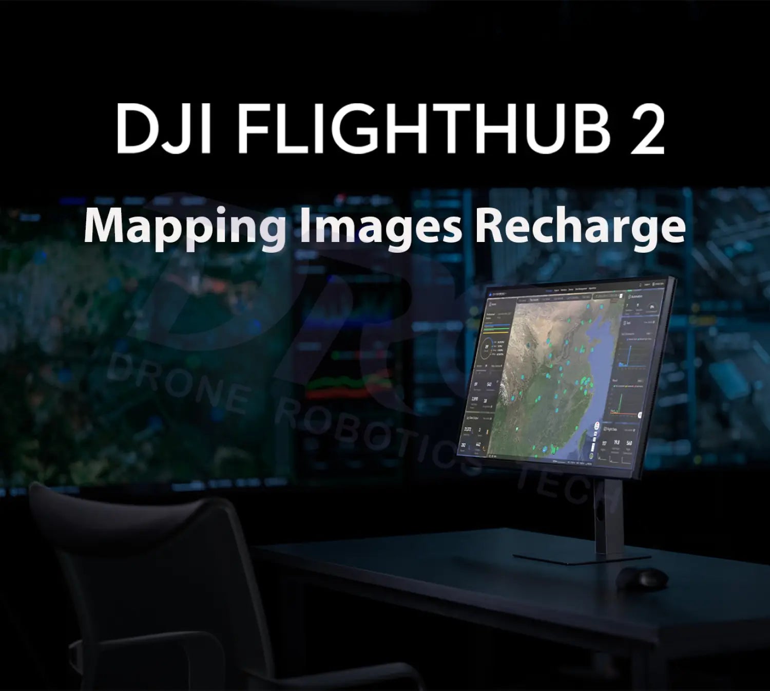 DJI Flighthub 2 setup with a monitor displaying mapping images in a dark room.